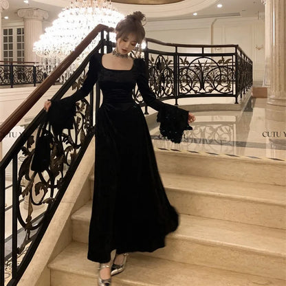 Y2K Velvet Long Dresses for Women Flare Sleeve Square Collar Slim Waist A-line Autumn Winter Evening Party Prom Robe Vestidos