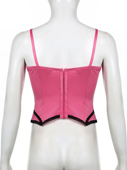 Sweet Bow Stitched Pink Crop Top Vintage y2k Patchwork Sleeveless Striped Print Tees Casual Basic Camisole Kawaii