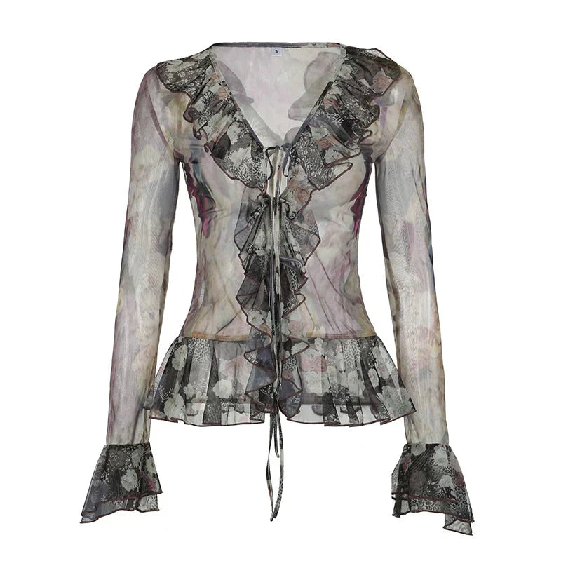 Vintage Transparent Crop Top with Slit 90s Mesh Print Ruffles Patchwork Full Sleeve Bandage T-shirt Grunge y2k Tees