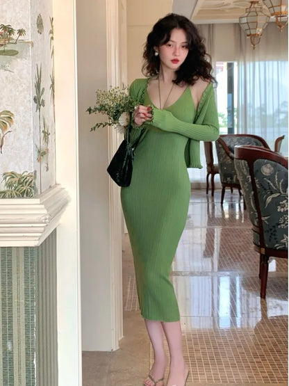 Vintage Chic Knitted 2-piece Dress Set Women Crop Cardigan V-neck Spaghetti Strap Bodycon Midi Dress Autumn New Female Clothing