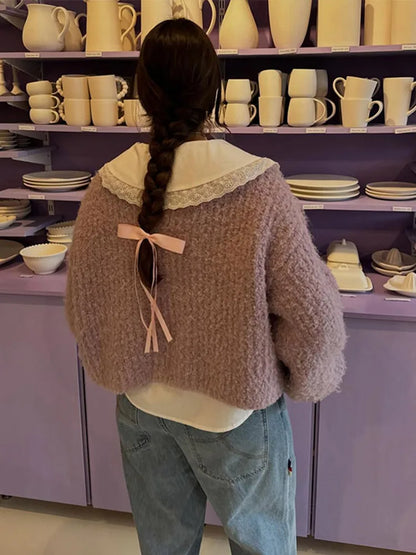 Retro Plush Single Breasted Cardigan Women Elegant Loose Solid O-neck Short Sweaters Female Winter Autumn Chic Street Knitwear