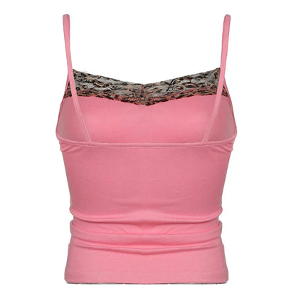 Voguable Coquette Contrast Leopard Print Patchwork Cami Y2K Aesthetic Bow Appliques Spaghetti Straps Tops Slim-fit