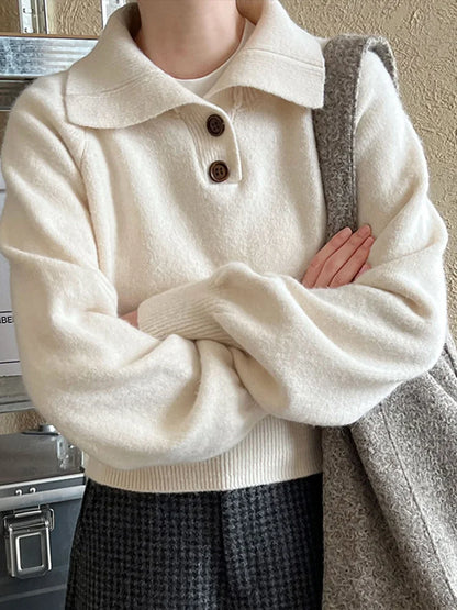 Casual Solid Knitted Lapel Sweaters Women Vintage Loose Button Long Sleeve Pullover Sweater Female Autumn Elegant Chic Base Tops