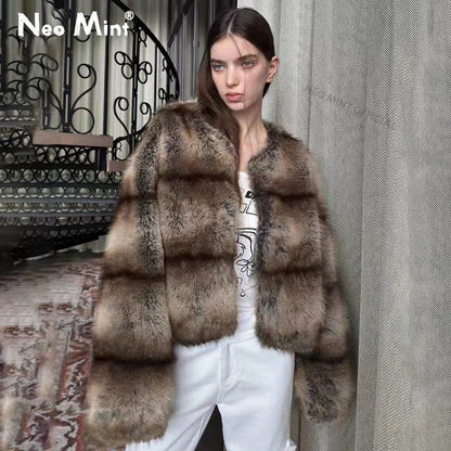 Winter Warm Fluffy Faux Fur Coat Women Softly Warm Furry Fox Fur Outerwear Jacket High Quality Brand Overcoats