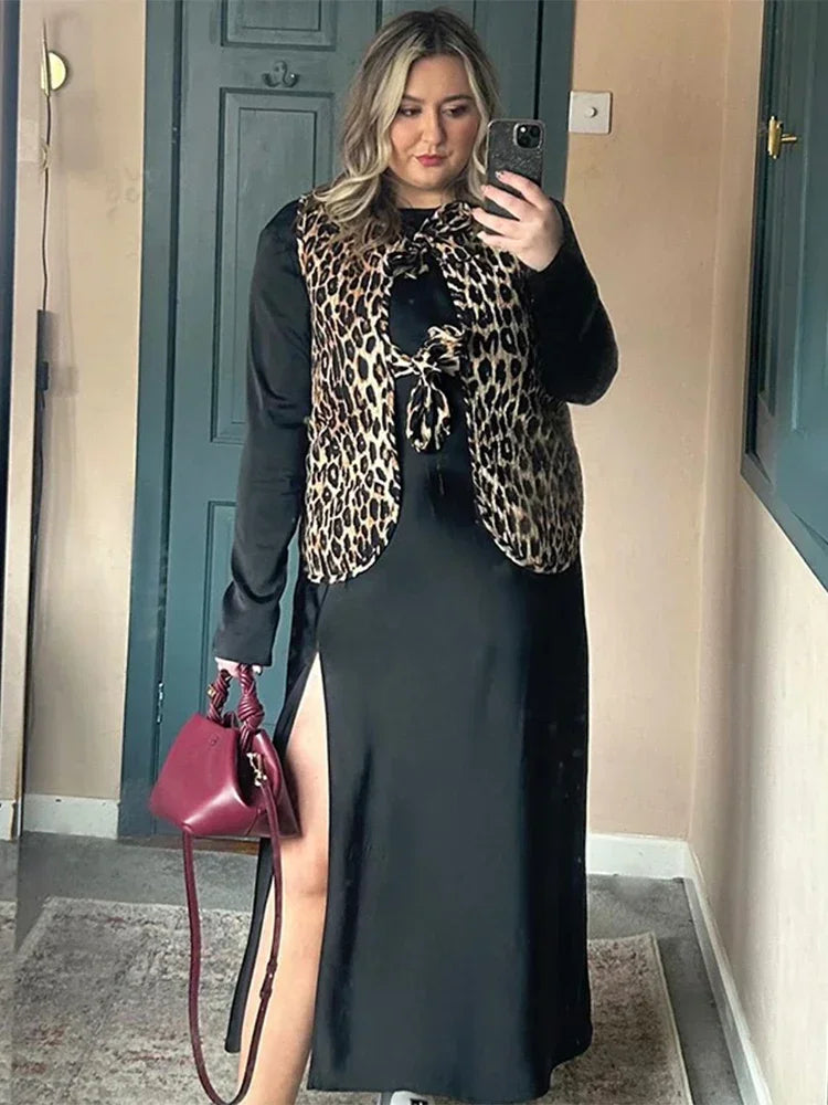 Chic Leopard Printed Lace Up Top For Women Casual V Neck Sleeveless Vest  New Spring Summer Female High Street Wasitcoat