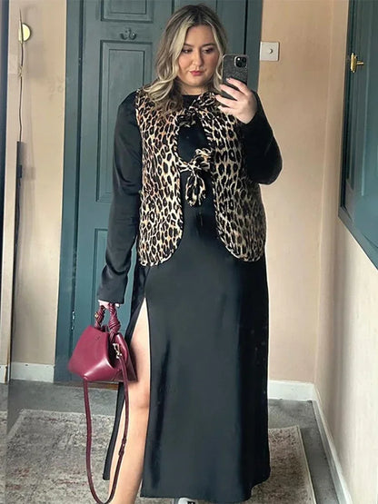 Chic Leopard Printed Lace Up Top For Women Casual V Neck Sleeveless Vest  New Spring Summer Female High Street Wasitcoat
