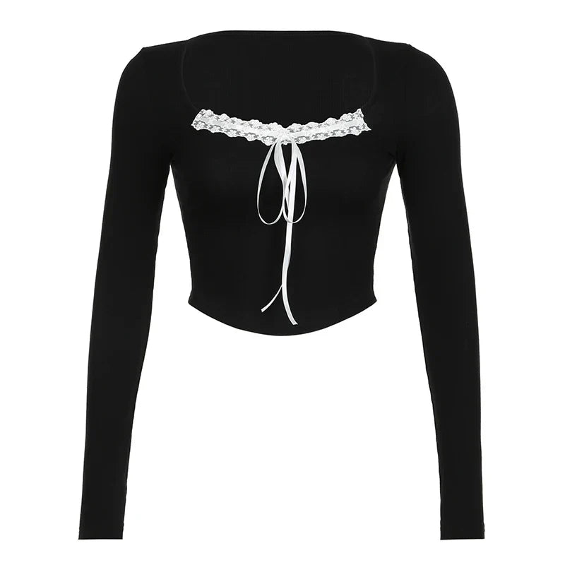 Voguable  Y2K Lace Ribbons Lace-up Bow Cropped Top Pink Cute Casual Basic Irregular Knitted Tops Coquette Aesthetic Slim-fit Tees