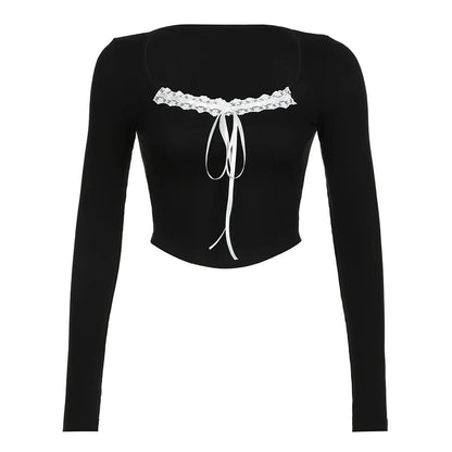 Voguable  Y2K Lace Ribbons Lace-up Bow Cropped Top Pink Cute Casual Basic Irregular Knitted Tops Coquette Aesthetic Slim-fit Tees