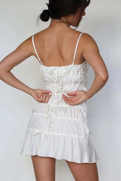 Pleated Mini Dress with Spaghetti Straps and See-Through Detail