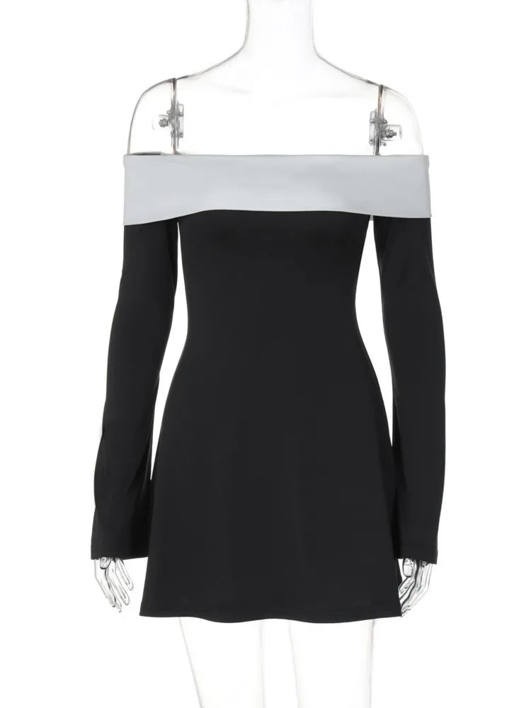 Off-shoulder Long Sleeve Mini Dress For Women Autumn Winter New Patchwork Strapless Backless A-line Sexy Dress Elegant