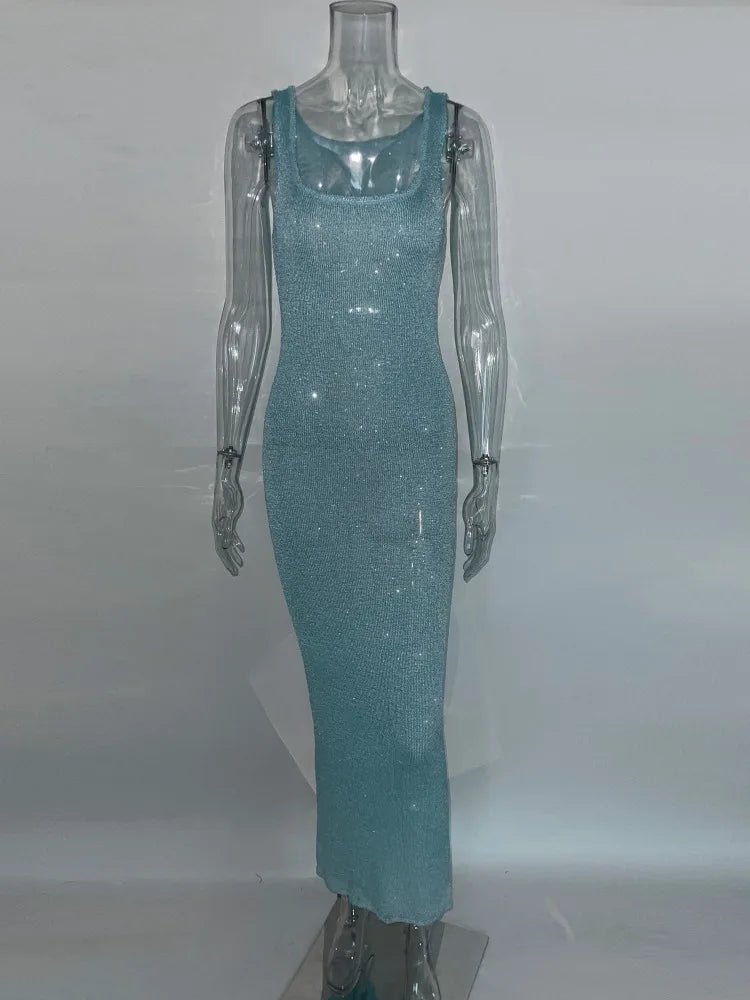 Sequin Slim Maxi Dress Female Backless Glitter See-Through Sexy Patchwork Autumn Women’s Long Club Party Dresses Vestido