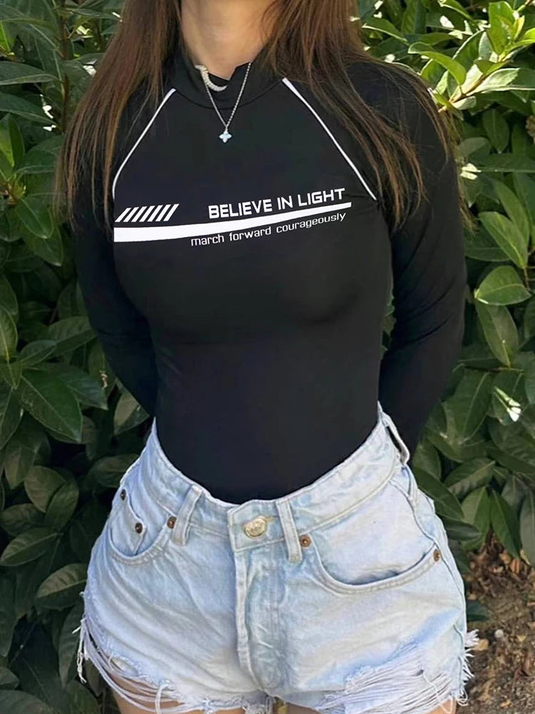 Autumn Winter Turtleneck Long Sleeve Skinny Black Bodysuit Women Letter Print Street Style Basic Bodys Top Tees