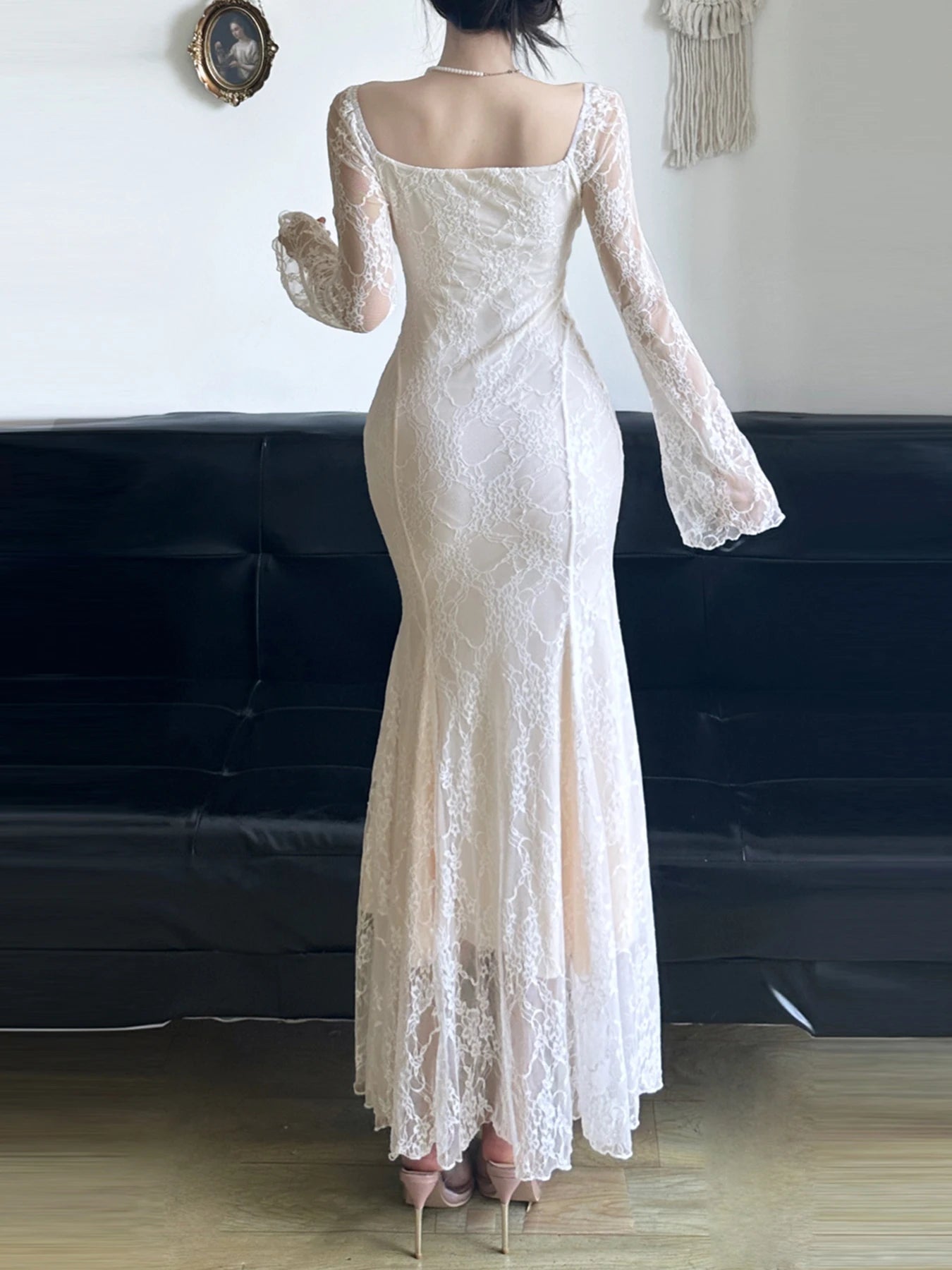 Fairycore Retro Flowers Lace V-Neck tulle Dresses Women Gentle Elegant Flared Sleeve Mermaid s Trendy Dresses