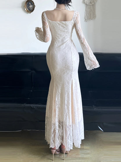 Fairycore Retro Flowers Lace V-Neck tulle Dresses Women Gentle Elegant Flared Sleeve Mermaid s Trendy Dresses