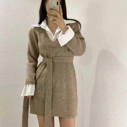 Korean Chic Mini Dresses Women Turn-down Collar Long Sleeve Shirt Patchwork Autumn Winter Knitted Dress Casual Fashion Vestidos