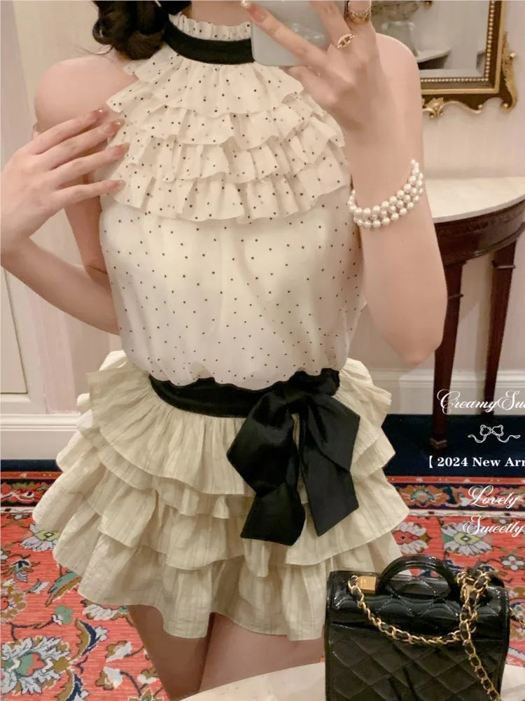 Y2K Polka Dot Two-piece Set Women Chiffon Halter Sleeveless Top Ruffles A-line Cake Mini Skirt Summer New Korean Fashion Outfits