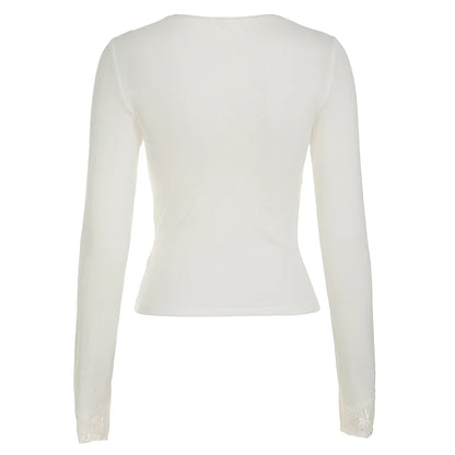 Solid Sweet Lace Trim V-Neck Women¡¯s Top Long Sleeve Balletcore Slim Autumn Trendy New T-Shirt Fashion All-Match Basic