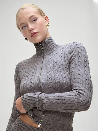Casual Knitted Solid Zipper Sweater Woman Vintage Slim Fit Stand Collar Cardigan Sweaters Lady Autumn Versatile Street Knitwear