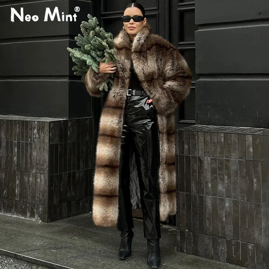Luxury Brand Furry Faux Fox Fur Coat Women  Winter Super Warm Fluffy Fur Jacket Female High Street Long Overcoat