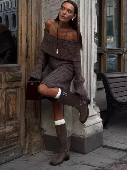 Elegant One-Shoulder Knitted Dress For Women Loose Sexy Rib knit Sweater Autumn Winter Midi Dresses Female Long Sleeve