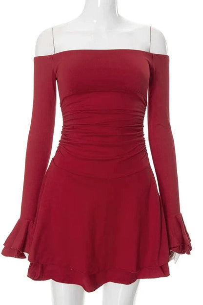 Off-Shoulder Backless Mini Dress with Flare Sleeves