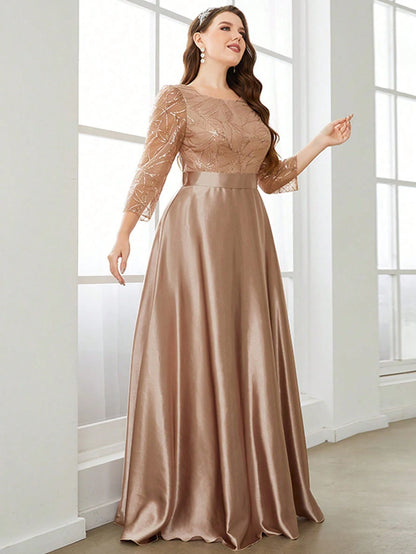 Crew neck long sleeve sequin patchwork satin long gown ball dress Party dress Bridesmaid dress