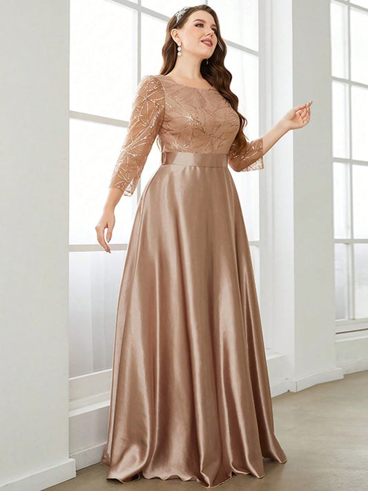 Crew neck long sleeve sequin patchwork satin long gown ball dress Party dress Bridesmaid dress