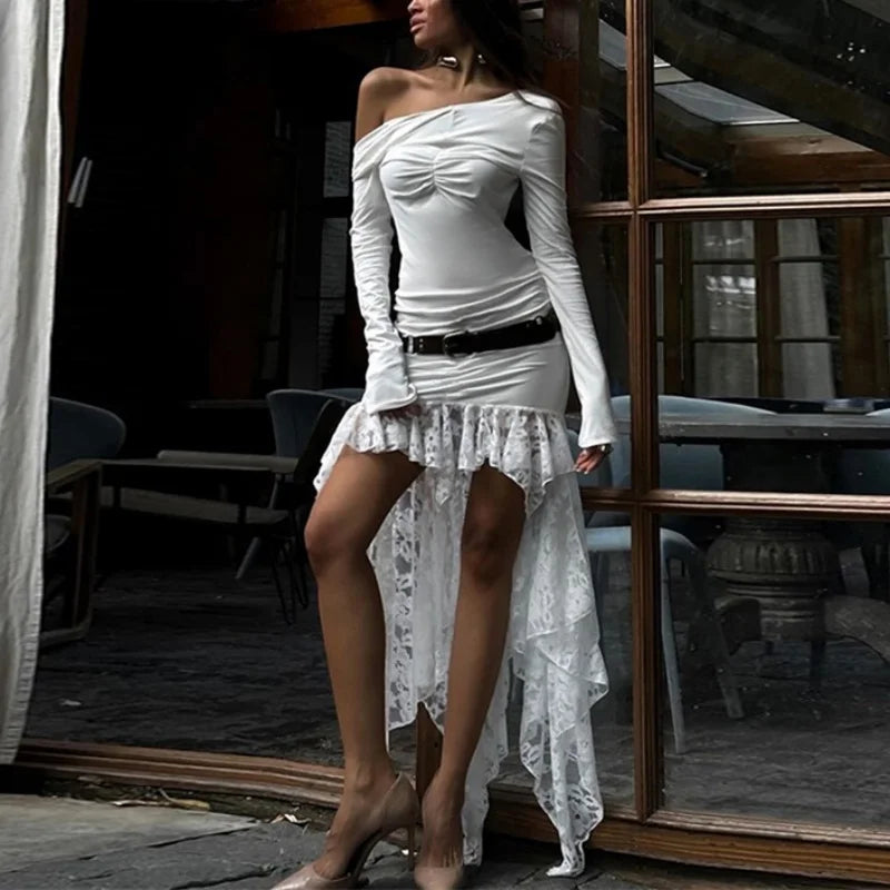 y2k Lace Patchwork Dress Women Clothes Round Neck Long Sleeve Backless Asymmetrical Hem Long Dresses Party Dresses