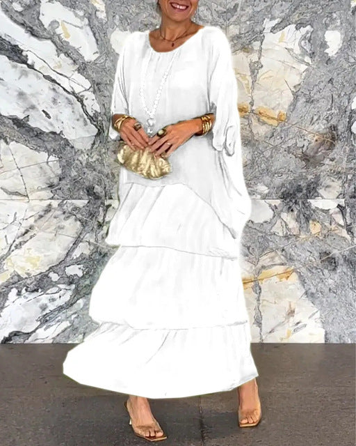 Flower Print Chiffon Dresses Women Fashion Temperament O Neck Bat Sleeve Layered Cake Dress Female Spring Summer New Vestidos