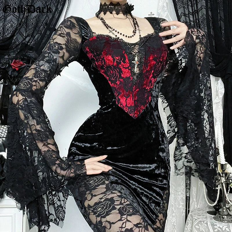 Embellished Gothic Velvet Midi Dress