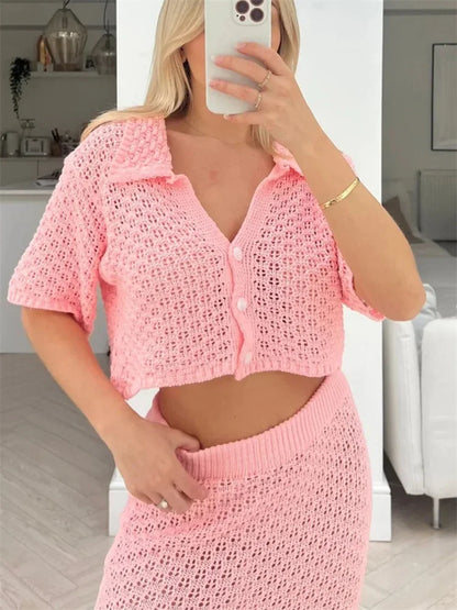 Knit Hollow Out 2 Piece-Set Long Skirt Women&#8217;s Cropped Top Cardigan And High Waist Maxi Skirt Outfits Female Clothes