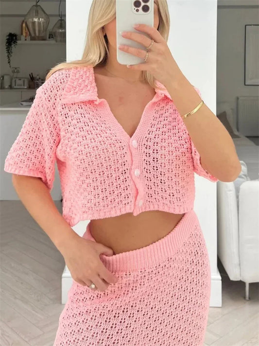 Knit Hollow Out 2 Piece-Set Long Skirt Women&#8217;s Cropped Top Cardigan And High Waist Maxi Skirt Outfits Female Clothes