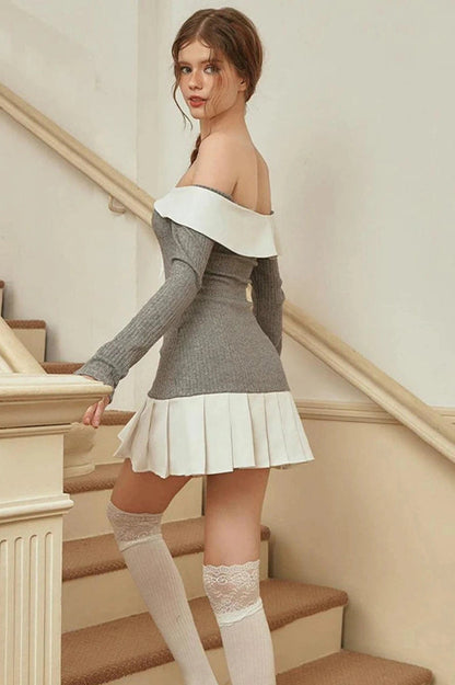 Pleated Patchwork Off-Shoulder Mini Dress with Long Sleeves