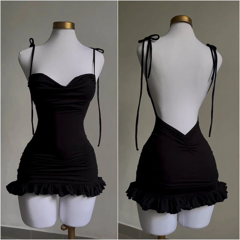 European and American New High end Y2K Sexy Open Back Lace up Slim Fit Spicy Girl Short Skirt
