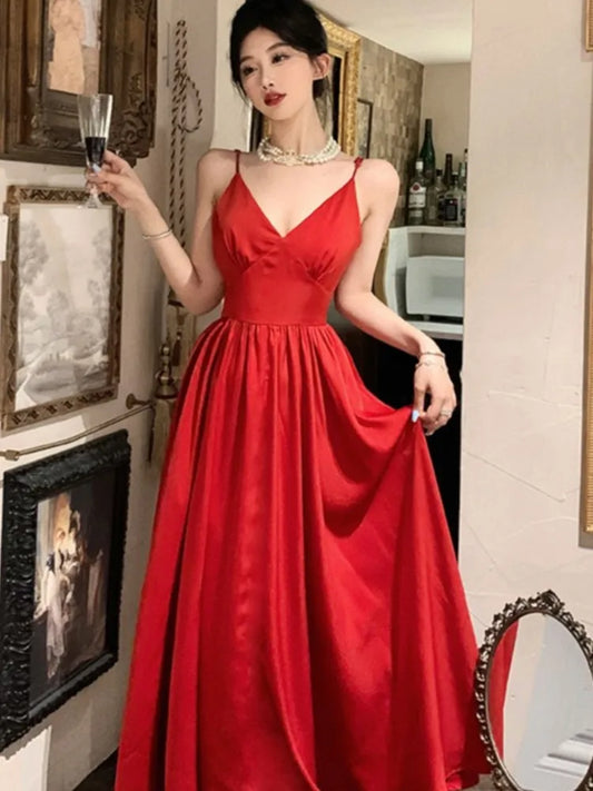 Sexy Spaghetti Strap Evening Party Dress V-neck A-line Solid Vintage Long Dresses for Women Wedding Prom Robe One Piece Vestidos