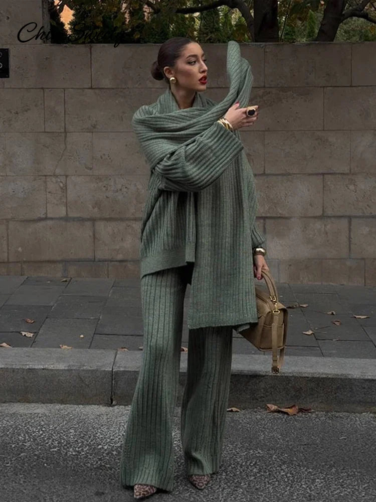 Lazy Loose Knit Burgundy Red Pant Set With Scarf Women Long Sleeve V-neck Jumper Wide Leg Full-length Pants Suit Lady Outfits