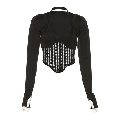 Halter Crop Top Long Sleeve Cut Out T Shirt Y2k V Neck T Shirts Crop Cami Top Bustier Corset Tank Camisole Tops