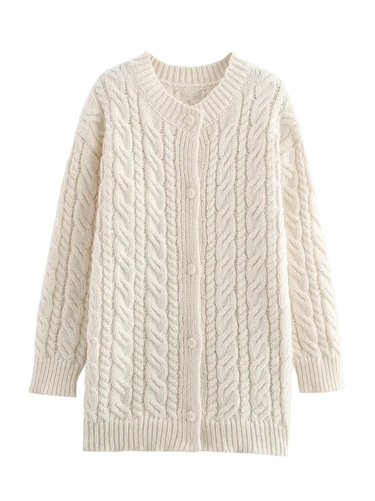 Beige Twist Knitted Cardigan Sweater Buttons Autumn Winter Women Loose Casual Long Cardigans Fashion New Female Sueter Mujer