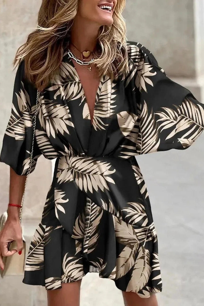 Elegant Irregular Mini Dress with Printed Sleeves