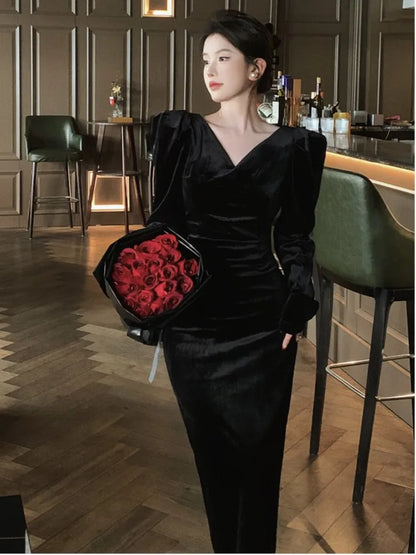 French Vintage Black Velvet Dresses for Women Long Sleeve Slim Waist V-neck Bodycon Evening Party Dress Autumn Korean Vestidos