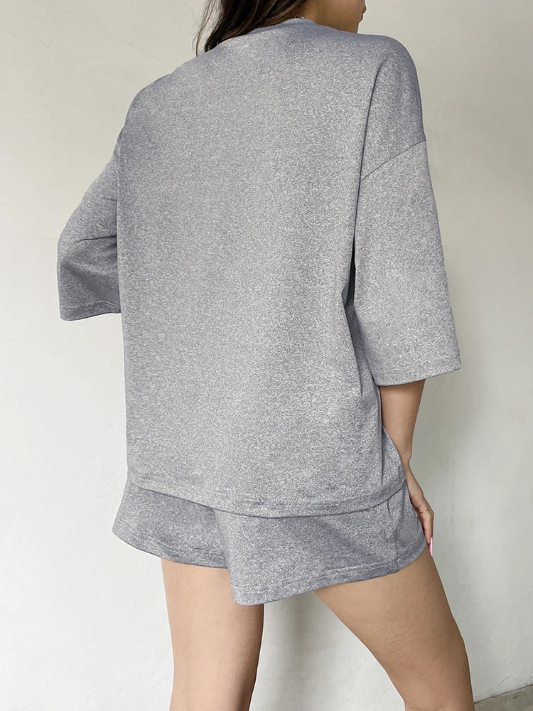 Gray Solid O Neck Loose Basic Casual Half Sleeve T Shirt And Shorts 2 Pieces Sets Women Leisure Homewear