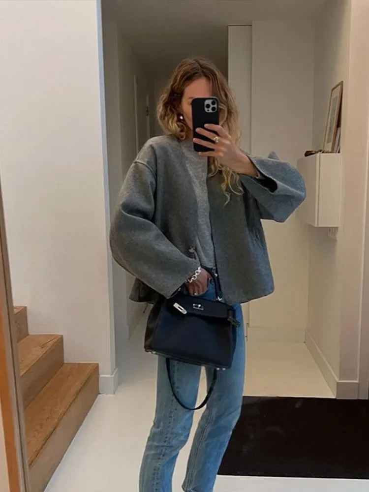 Vintage One Button Woolen Coat Women Gray Loose Long Sleeve V-neck Short Jacket Female Autumn Winter Casual Lady New in Outwears