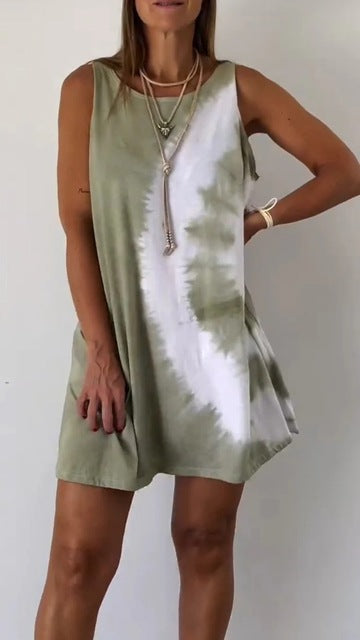 Gradient Tie Dye Print Mini Dresses Women 2025 Summer New Fashion Loose O Neck Sleeveless Dress Trendy Streetwear Lady Vestidos