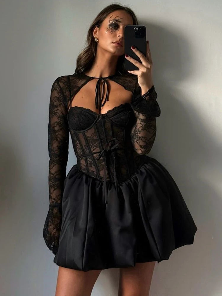 Black Lace Puffball Sexy Mini Dress For Women Fashion Lace-up Sheer Long Flare Sleeve High Waist Club Party Dress