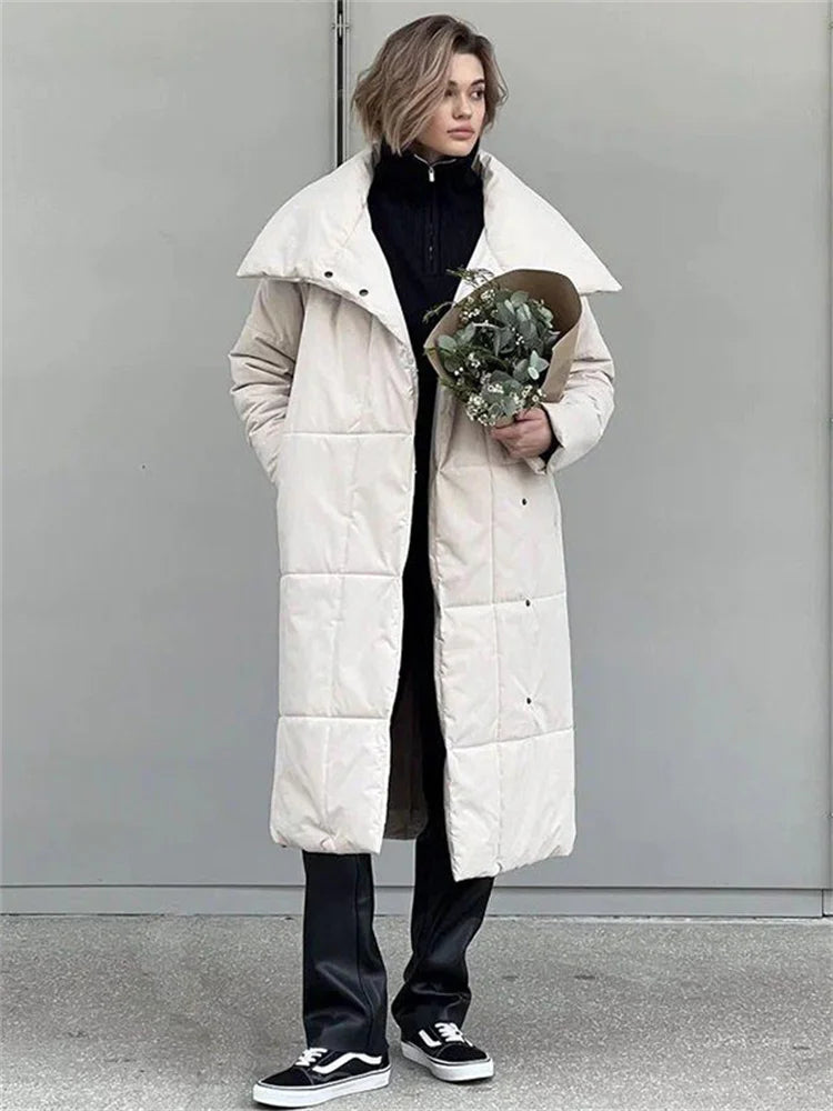 Winter Female Parkas Outwear Loose Lace-Up High Waist Long Sleeve Pocket Lapel Bandage Coat For Women Solid Parkas