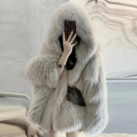 Winter Faux Fur Coat Women Hooded Loose Long Sleeve Outerwear High Street Luxury Fur Jacket Female Fashion Overcoats  New