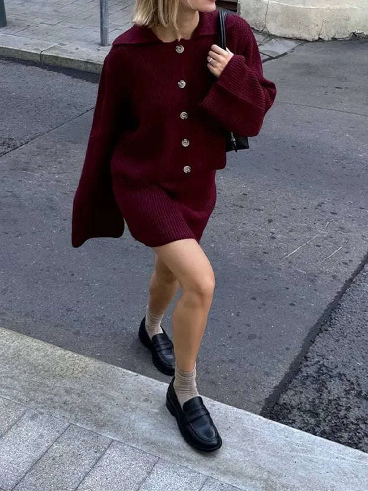 fashion Lapel Single Breasted Knitted pullover Set women chic Long Pagoda Sleeve Short Skirt suit Lady Fall Two Piece Outfits