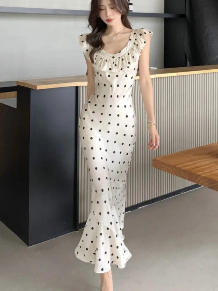 Elegant Bodycon Dot Midi Dresses for Women Ruffles V-neck Sleeveless Slim Mermaid Evening Party Dress Prom Robe Vestidos Mujer