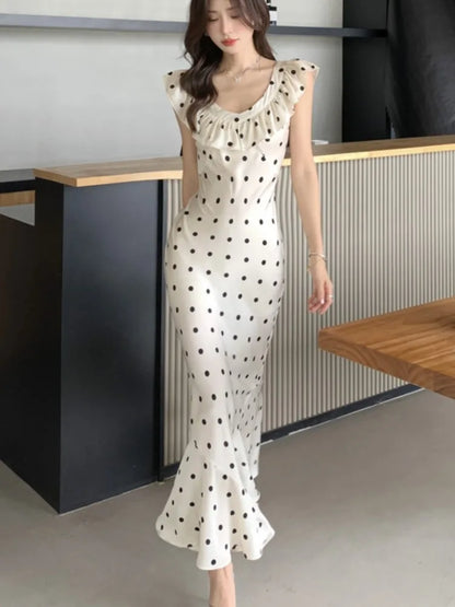 Elegant Bodycon Dot Midi Dresses for Women Ruffles V-neck Sleeveless Slim Mermaid Evening Party Dress Prom Robe Vestidos Mujer