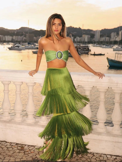Tassel A Line High Waist Beach Two Piece Skirt Set